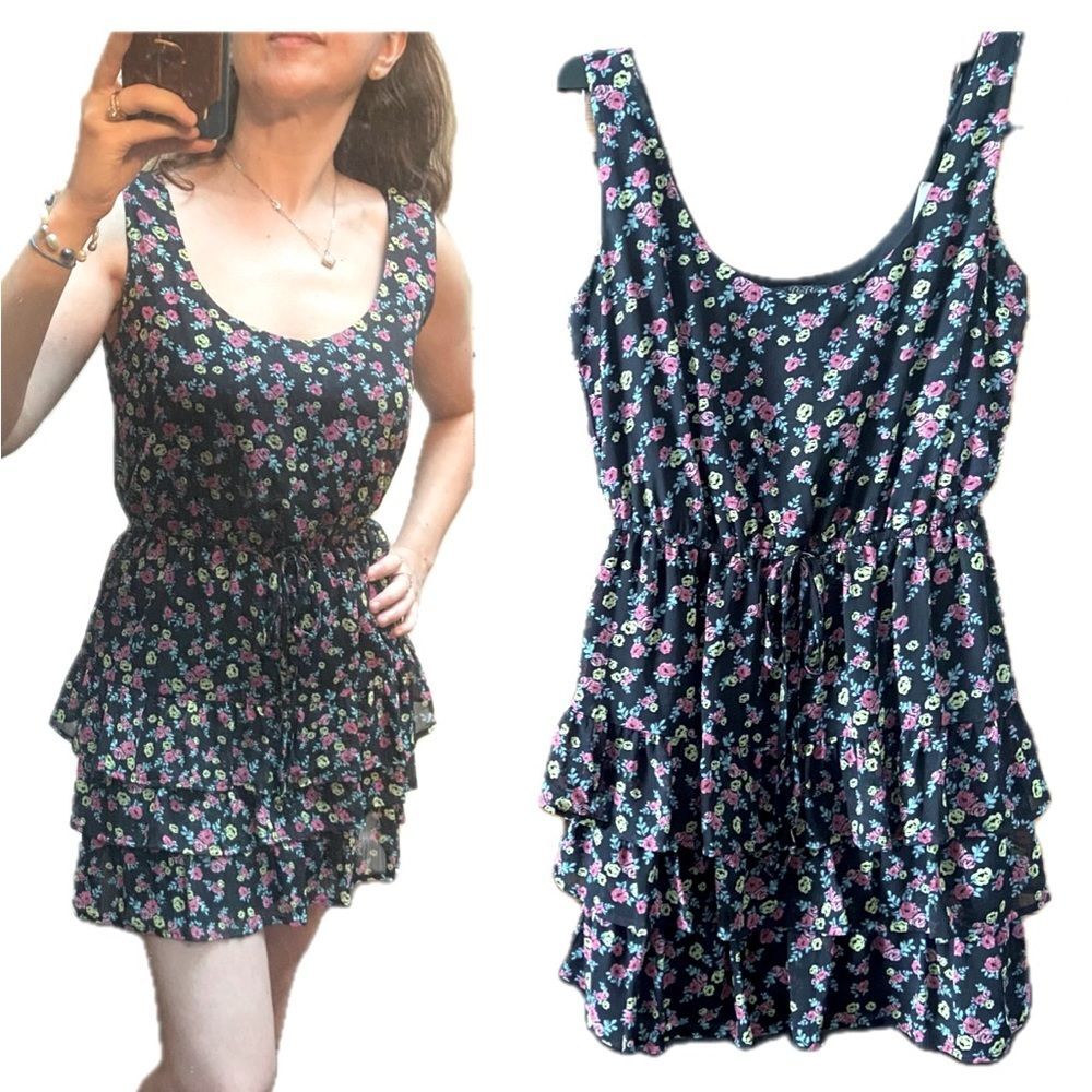 Floral Chiffon Black Mini Dress XS 90s Vtg Tier Ditsy Ruffle Festival Y2K Bebop - Picture 9 of 9